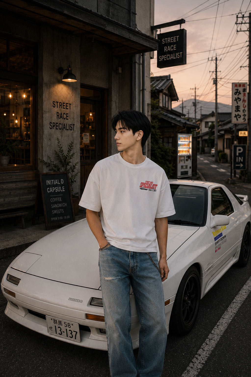 Ryosuke wearing Beat of the Rising Sun heavyweight vintage tee sitting inside white Mazda FDCS RX7
