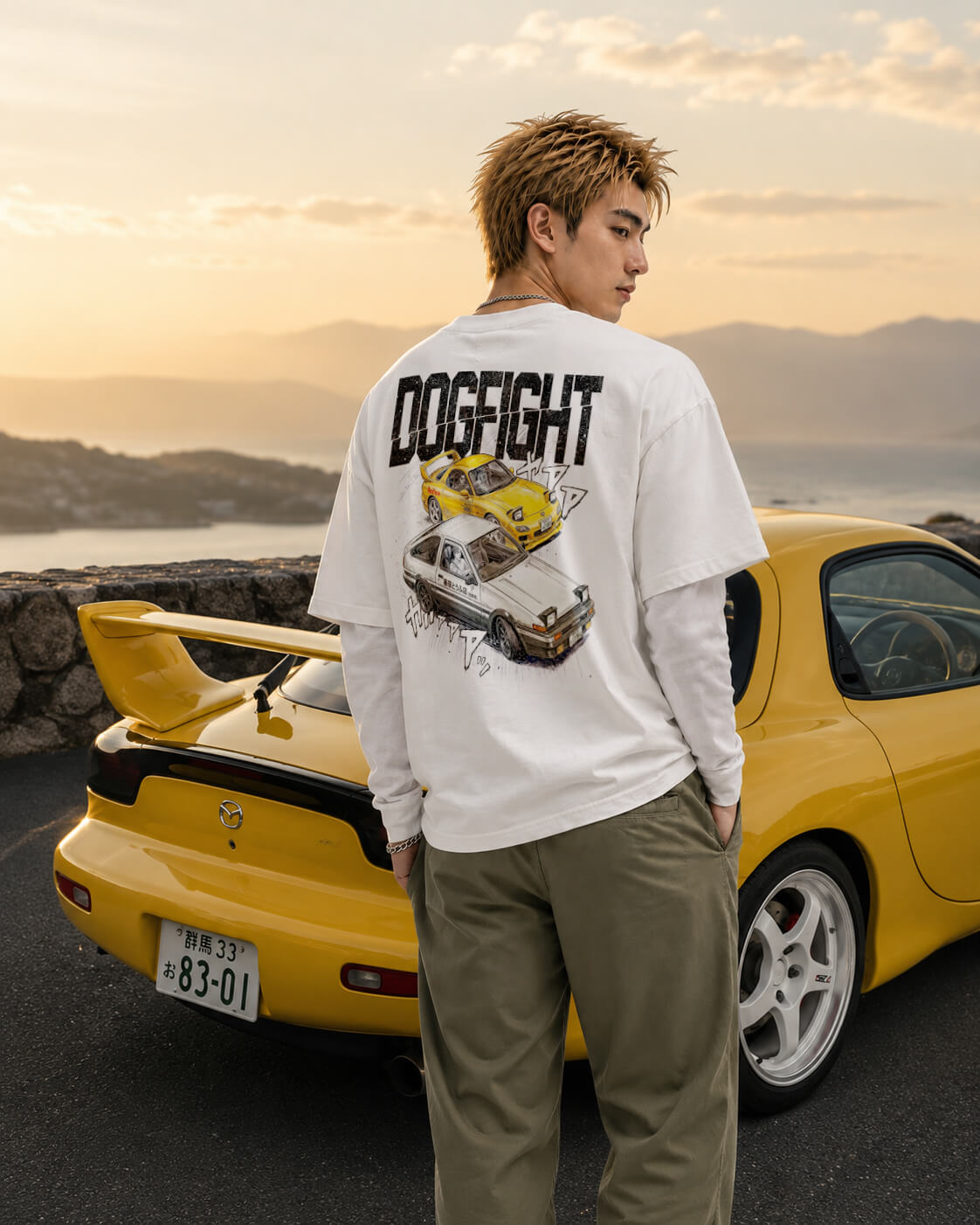 Keisuke wearing the Dogfight heavyweight vintage tee beside a yellow Mazda FD3S RX7 lifestyle