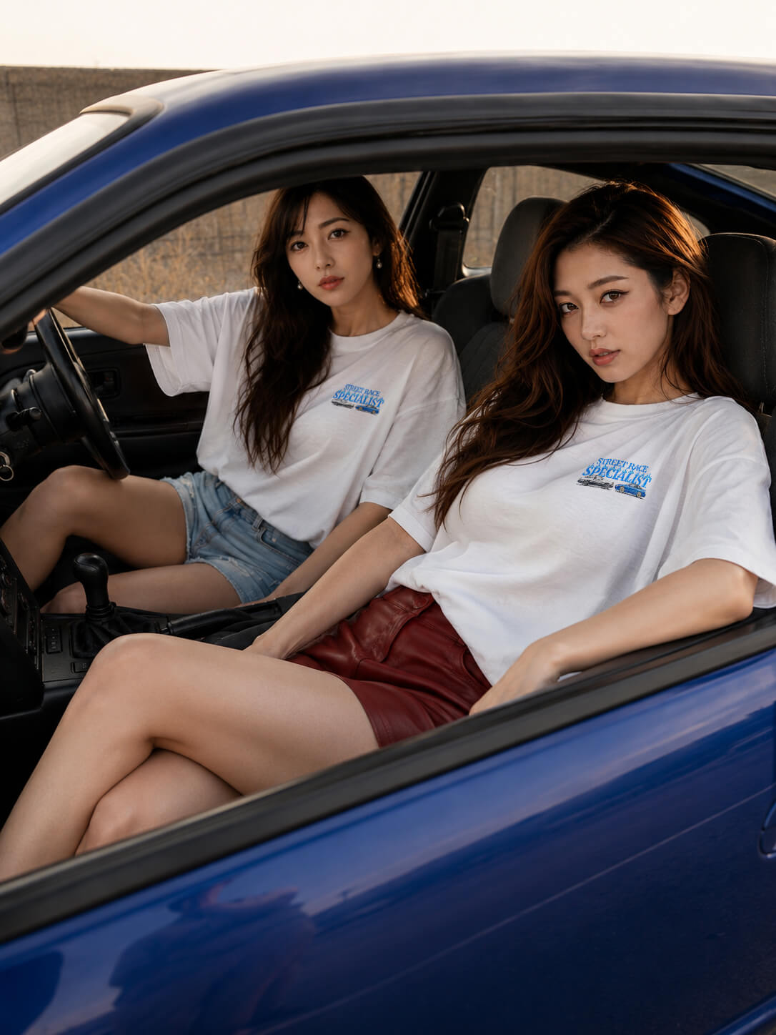 Mako and Sayuki wearing the Wings of Fire heavyweight vintage tee inside of their blue Nissan Sil-Eighty lifestyle