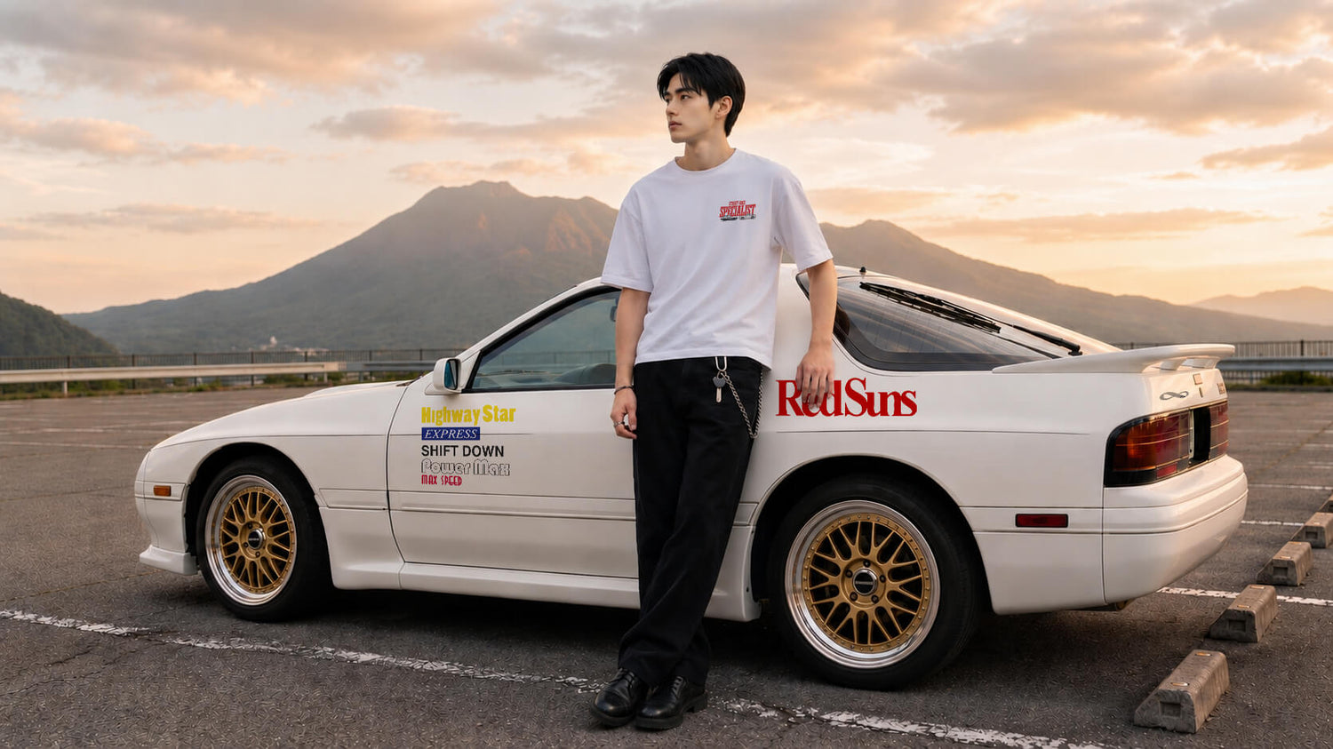 Ryosuke wearing the Beat of the Rising Sun heavyweight vintage tee beside a white Mazda FC3S RX7 lifestyle